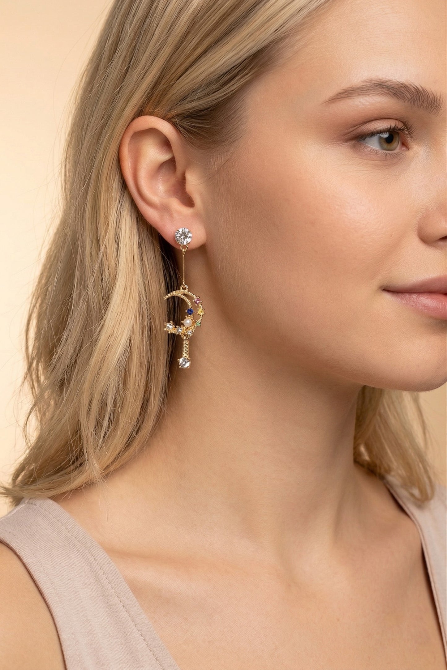 Delicate Bar Moon And Star Drop Earrings