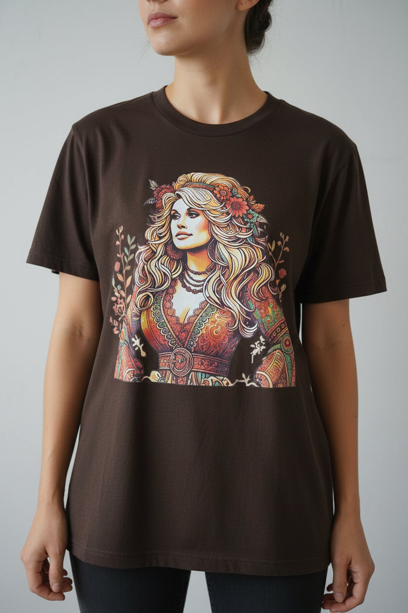A folded brown t-shirt featuring a large graphic print of a woman with long blonde wavy hair, wearing a bohemian-style patterned dress and floral headpiece, displayed on a dark surface.