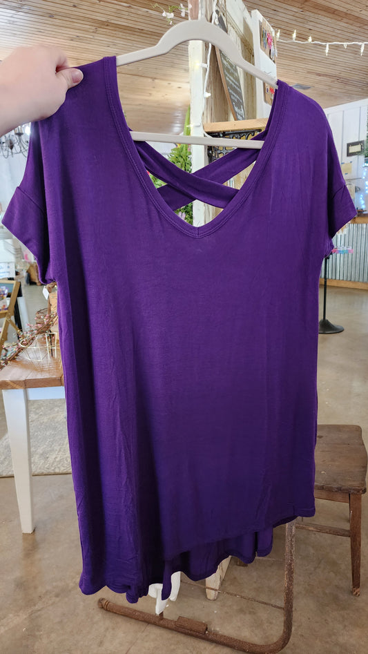 Purple Flowy Top with Criss Cross Back.