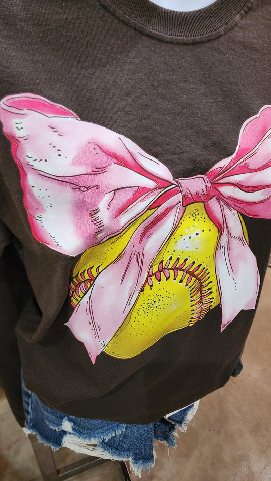 Softball with Big Pink Bow on Vintage Black Tee