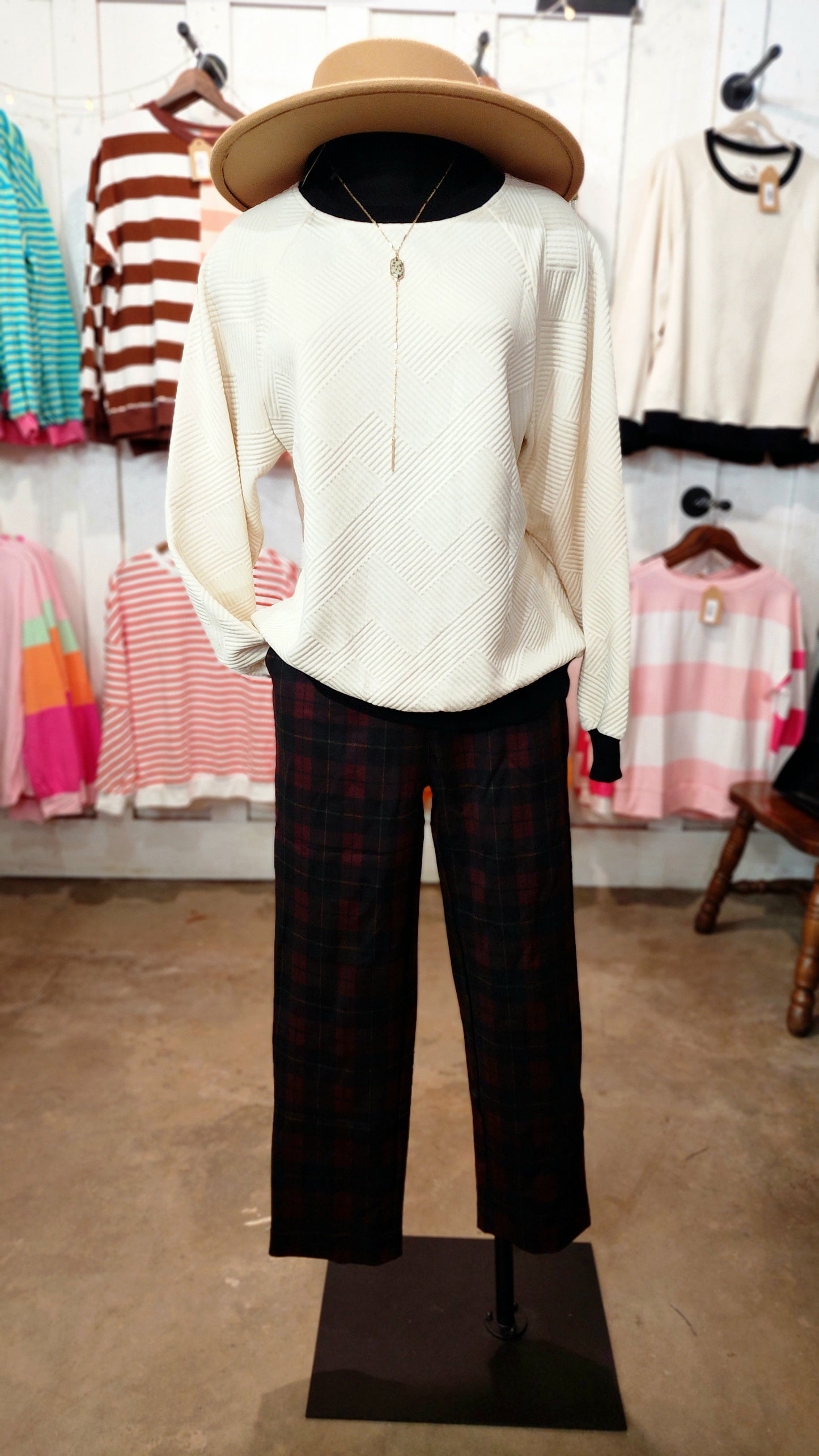 Plaid Pull-On Stretch Dress Pants