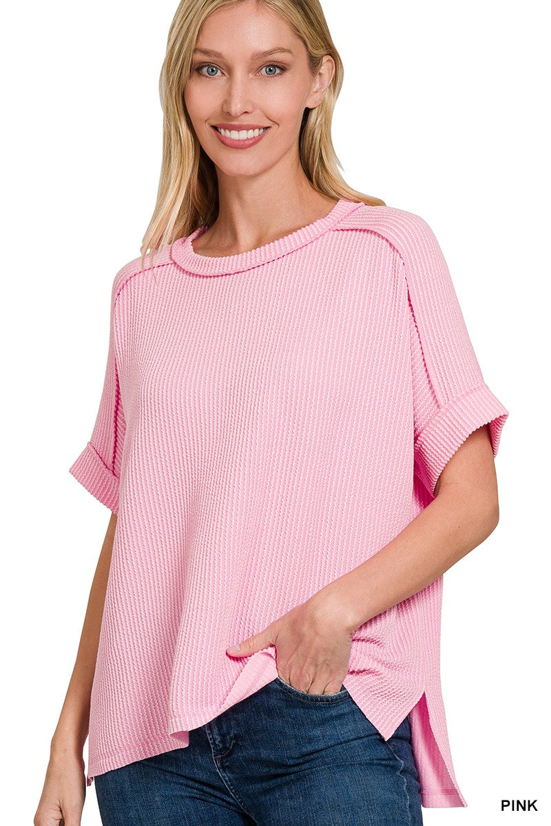 Raised Rib Cuff Sleeve Raw Edge Top