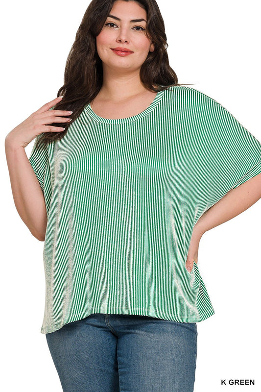 Plus Ribbed Striped Oversized Short Sleeve Top