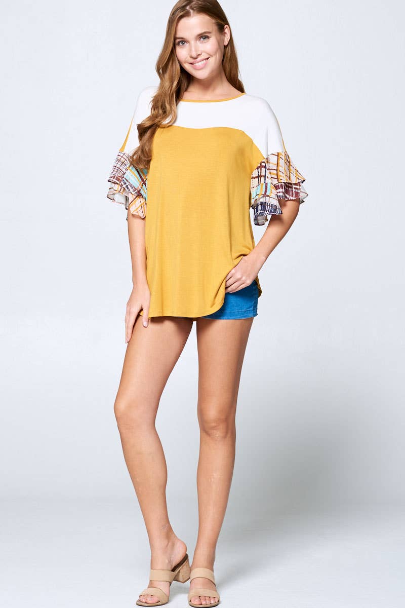 Color Block Jersey Tunic Top with Chiffon Sleeves