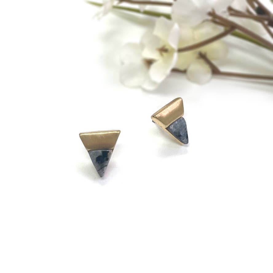 Triangle Semi-precious Stone Worn Gold Point Stud Earrings