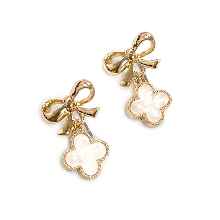 Mother of Pearl Clover Charm w/ Ribbon Dangle Stud Earrings