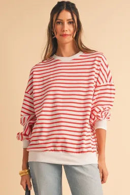 Orange Stripe Drop Shoulder Crew Neck Loose Long Sleeve
