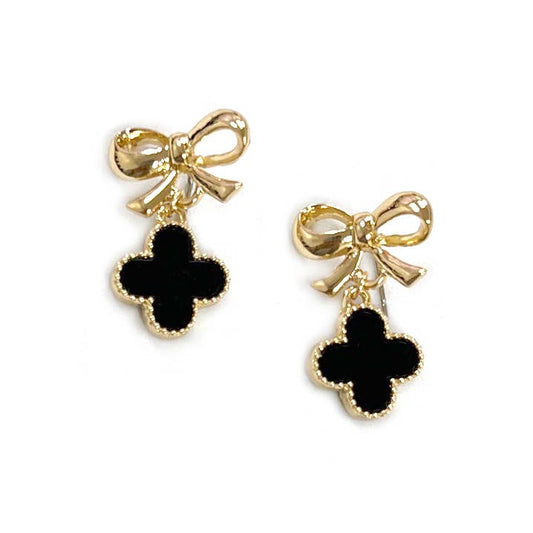 Mother of Pearl Clover Charm w/ Ribbon Dangle Stud Earrings