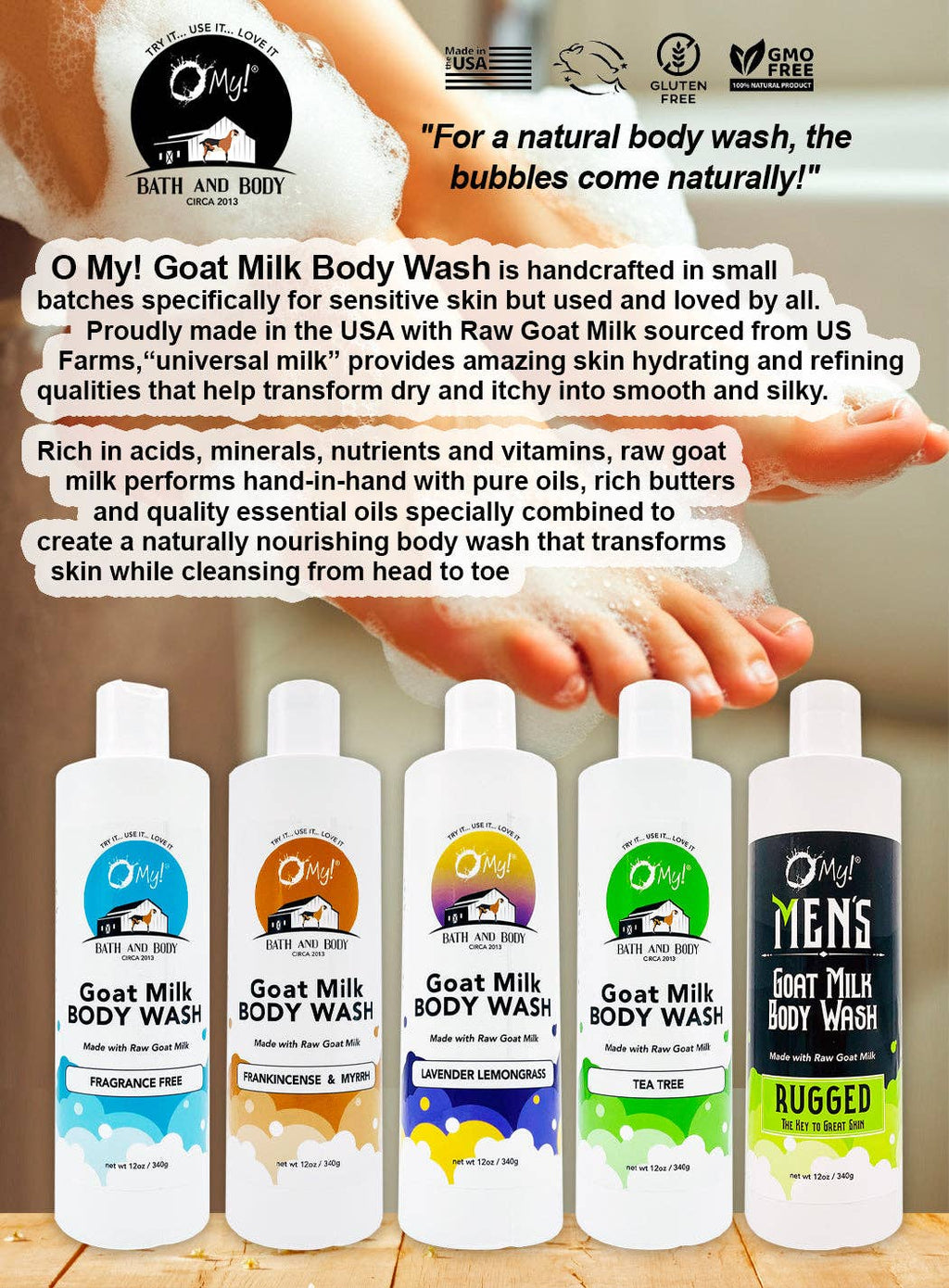 O My! Goat Milk 12oz Lotion | Made with Raw Goat Milk | Shea Butter and Vit E | Free of Parabens & More | Handcrafted in USA