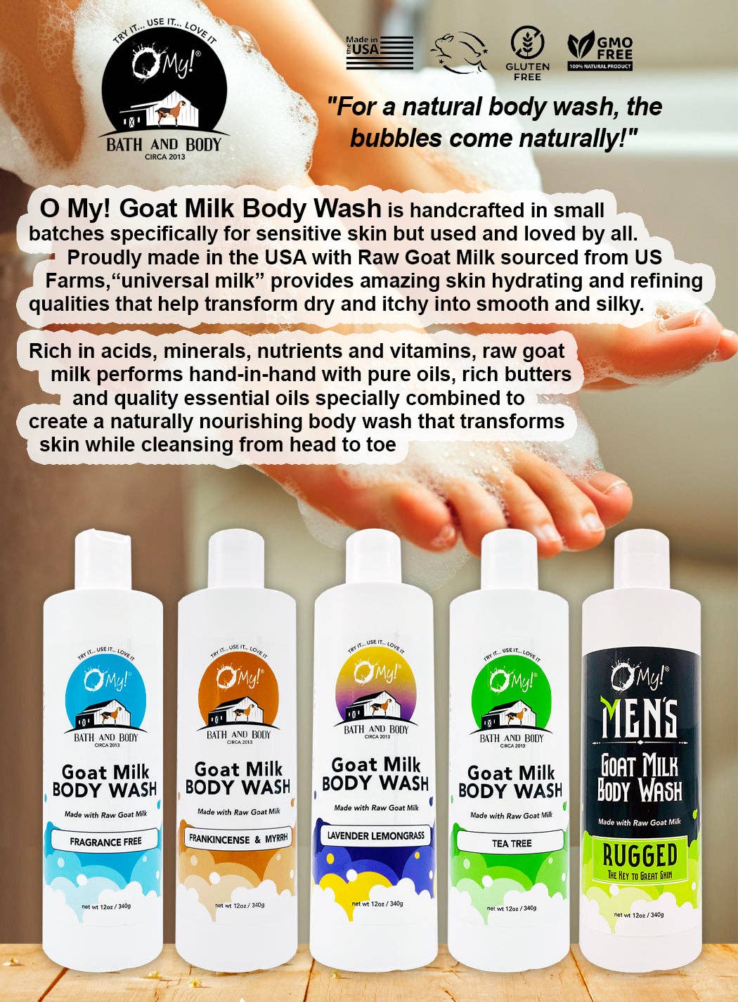 O My! Goat Milk 12oz Lotion | Made with Raw Goat Milk | Shea Butter and Vit E | Free of Parabens & More | Handcrafted in USA