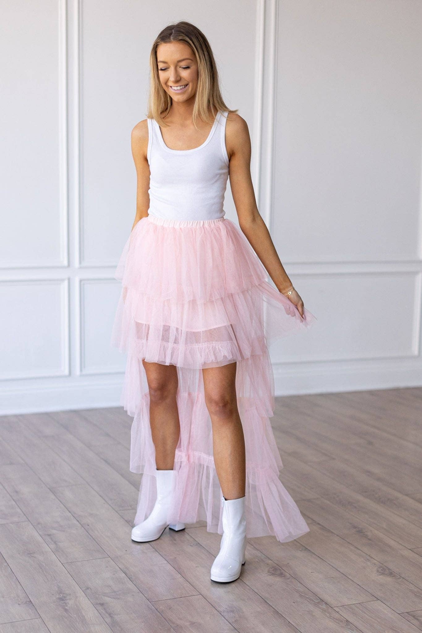 Pink Tulle Ruffled Maxi Skirt