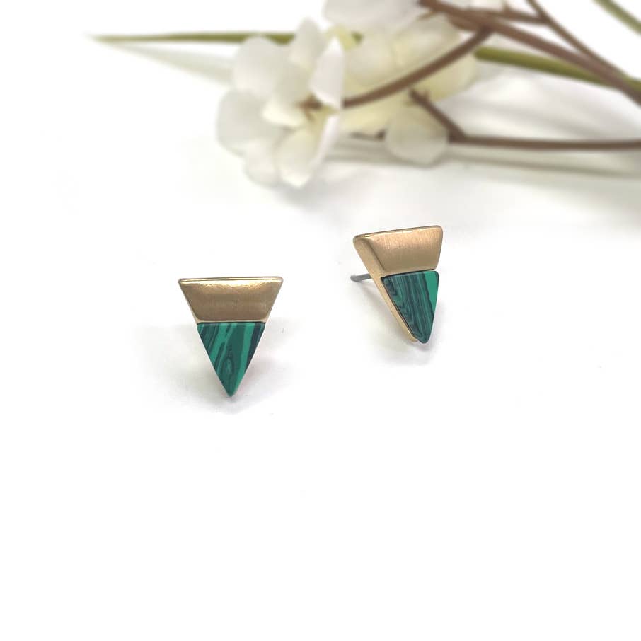 Triangle Semi-precious Stone Worn Gold Point Stud Earrings