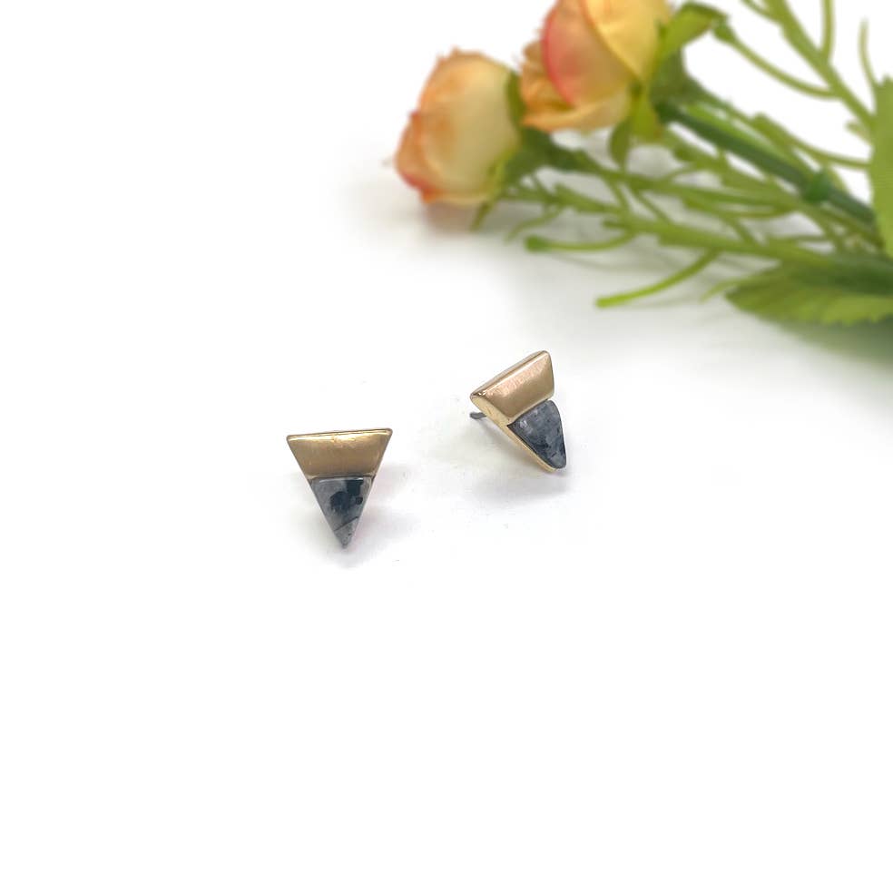 Triangle Semi-precious Stone Worn Gold Point Stud Earrings