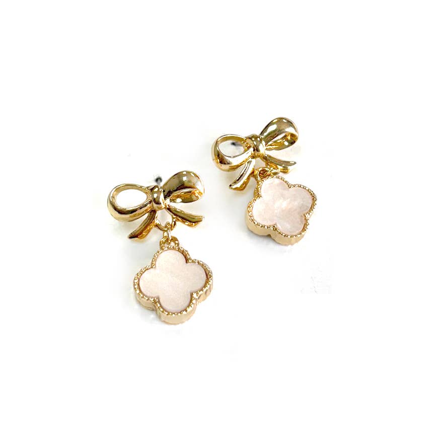 Mother of Pearl Clover Charm w/ Ribbon Dangle Stud Earrings