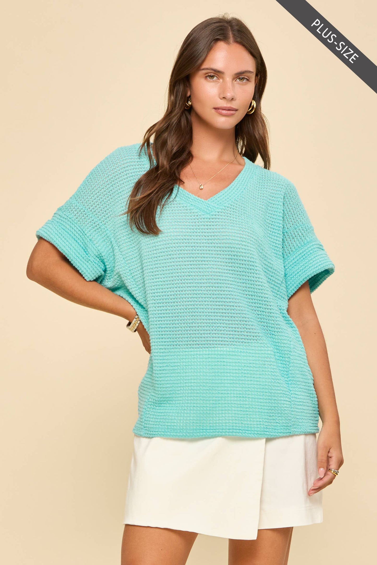 PLUS V-Neck Crochet Knit Poncho Top