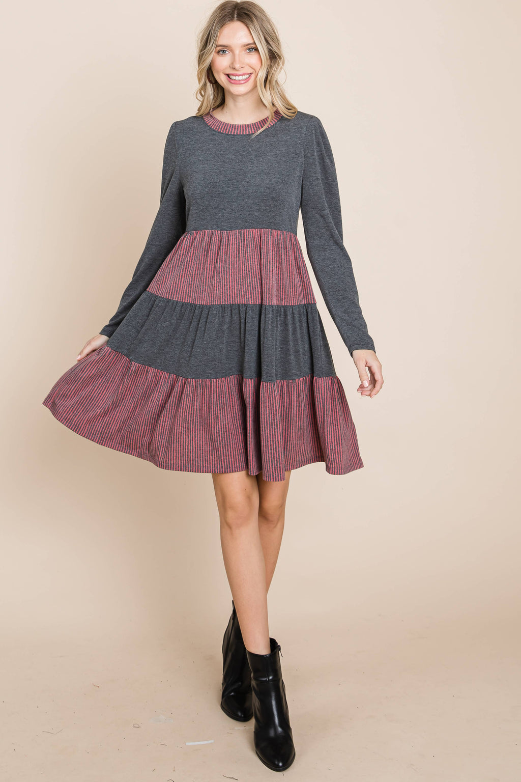 Striped Tiered Knee Dress