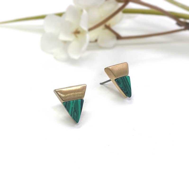 Triangle Semi-precious Stone Worn Gold Point Stud Earrings