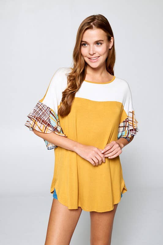 Color Block Jersey Tunic Top with Chiffon Sleeves