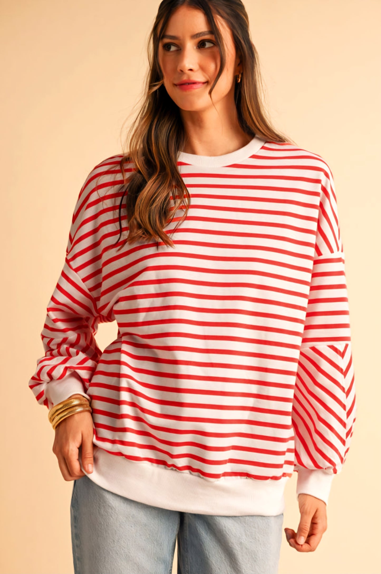 Orange Stripe Drop Shoulder Crew Neck Loose Long Sleeve