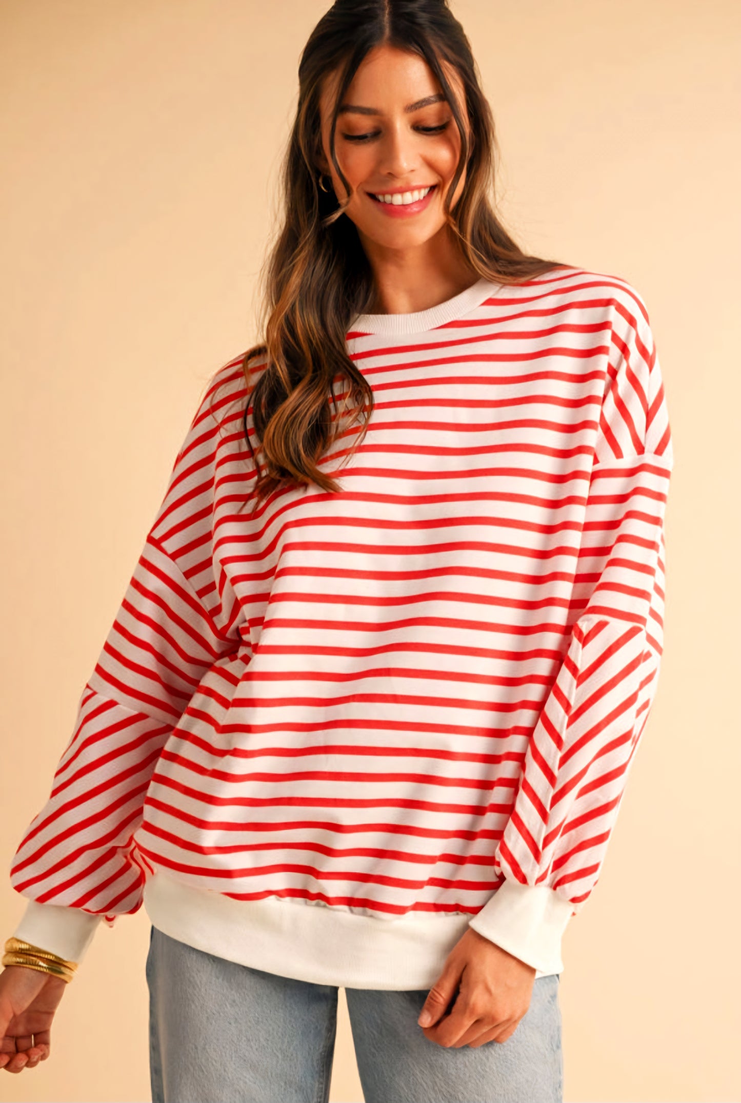 Orange Stripe Drop Shoulder Crew Neck Loose Long Sleeve