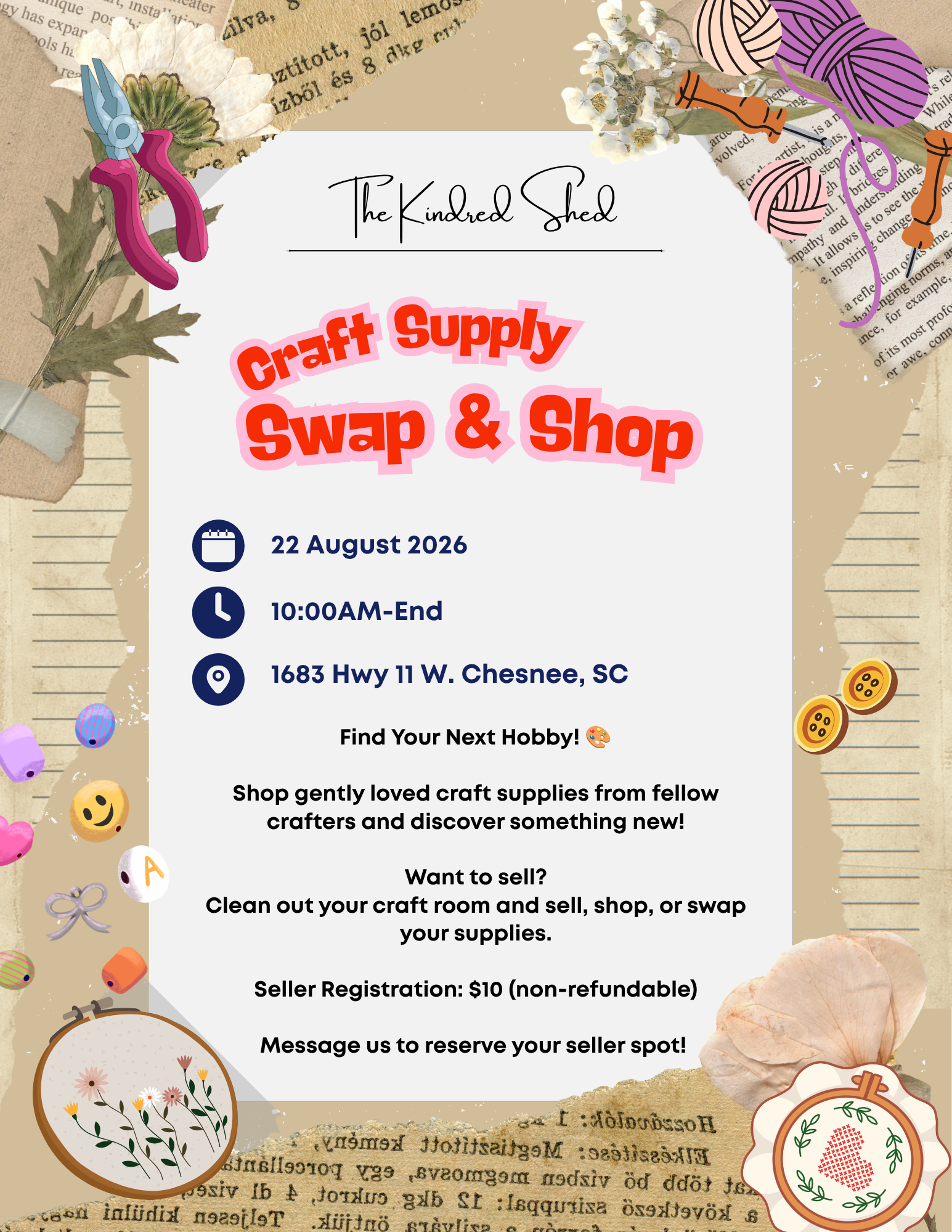 Promotional flyer for 'The Knitted Shell' Craft Supply Swap & Shop, dated 22 August 2026. The flyer features a central white text box with event details, surrounded by a decorative border of knitting needles, yarn, buttons, a crochet hook, a piece of embroidery, and vintage book pages.