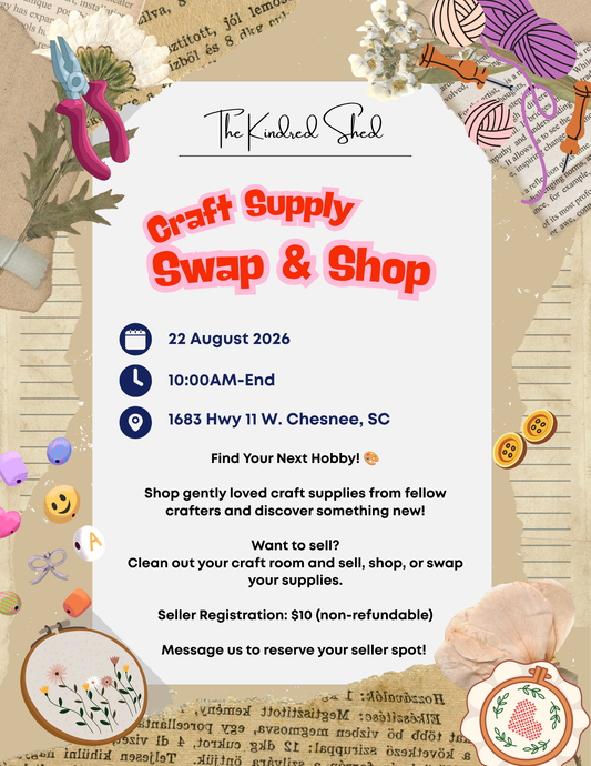 Promotional flyer for 'The Knitted Shell' Craft Supply Swap & Shop, dated 22 August 2026. The flyer features a central white text box with event details, surrounded by a decorative border of knitting needles, yarn, buttons, a crochet hook, a piece of embroidery, and vintage book pages.