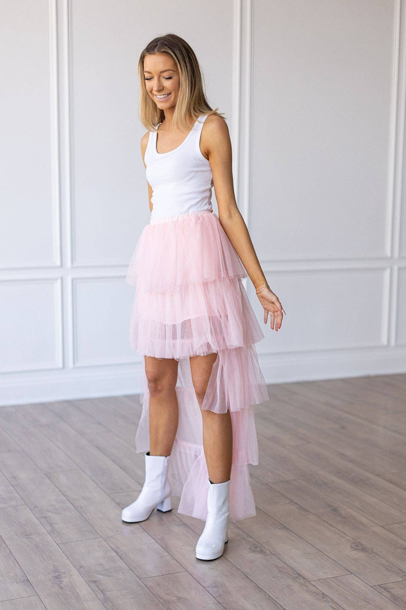 Pink Tulle Ruffled Maxi Skirt