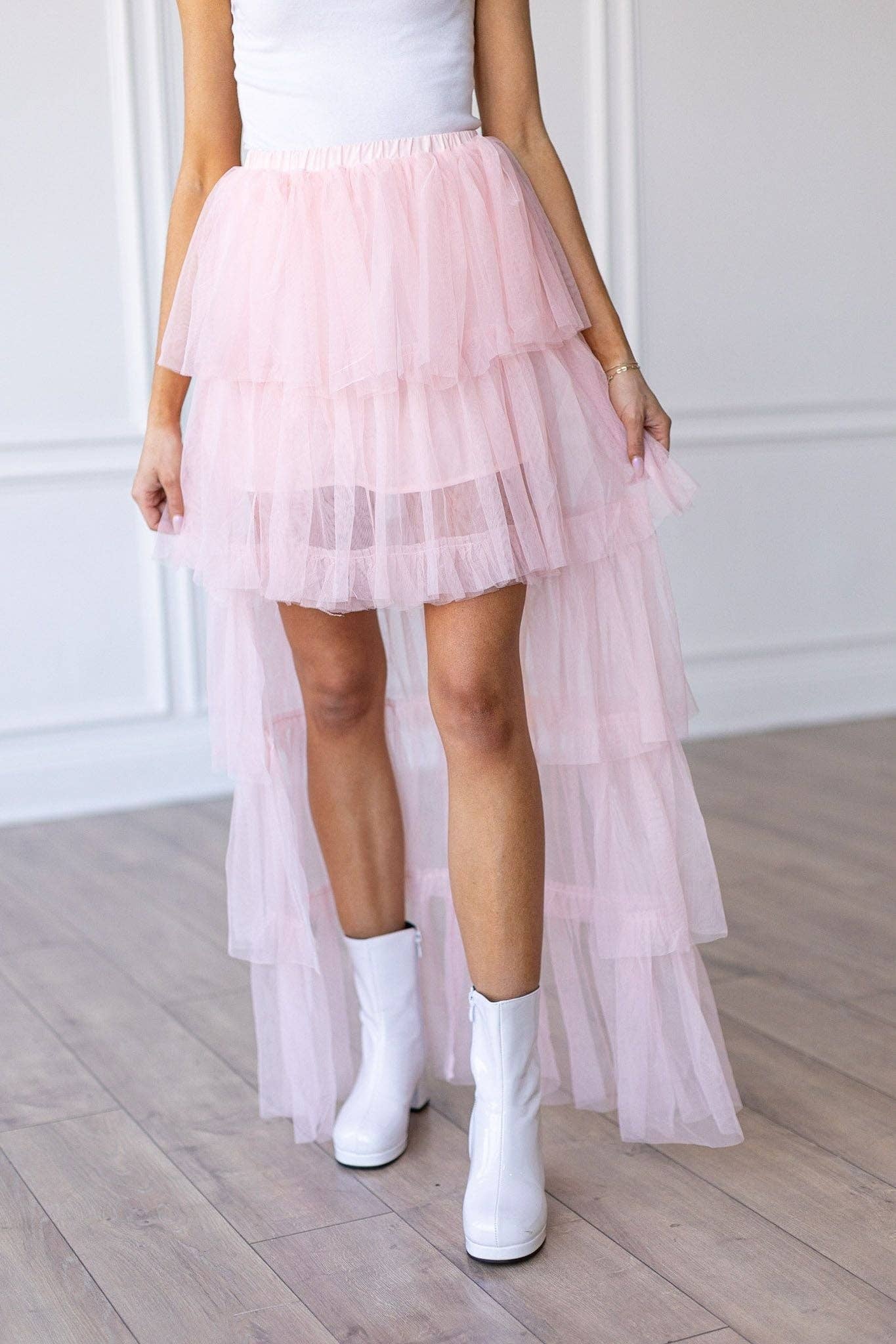 Pink Tulle Ruffled Maxi Skirt