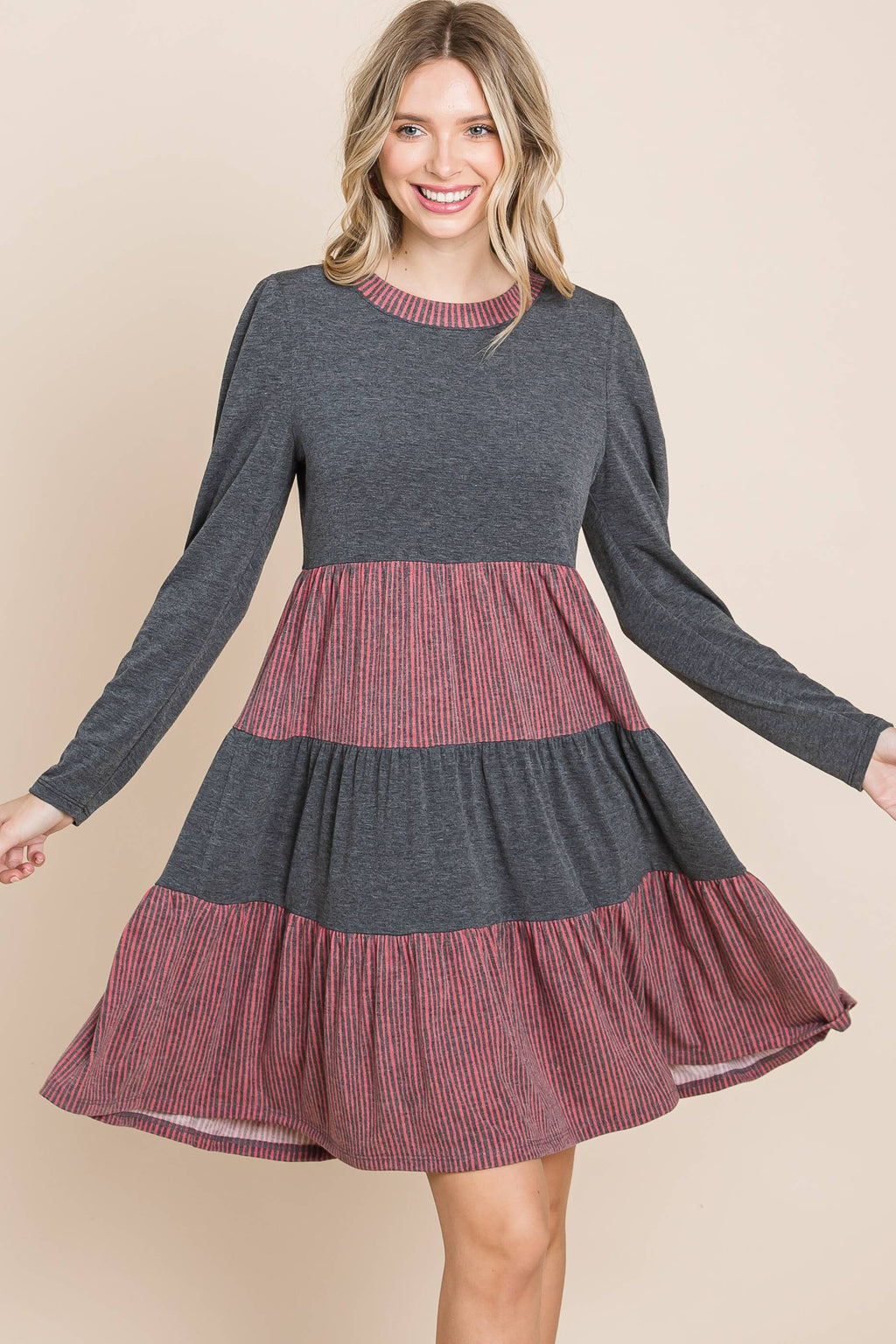 Striped Tiered Knee Dress