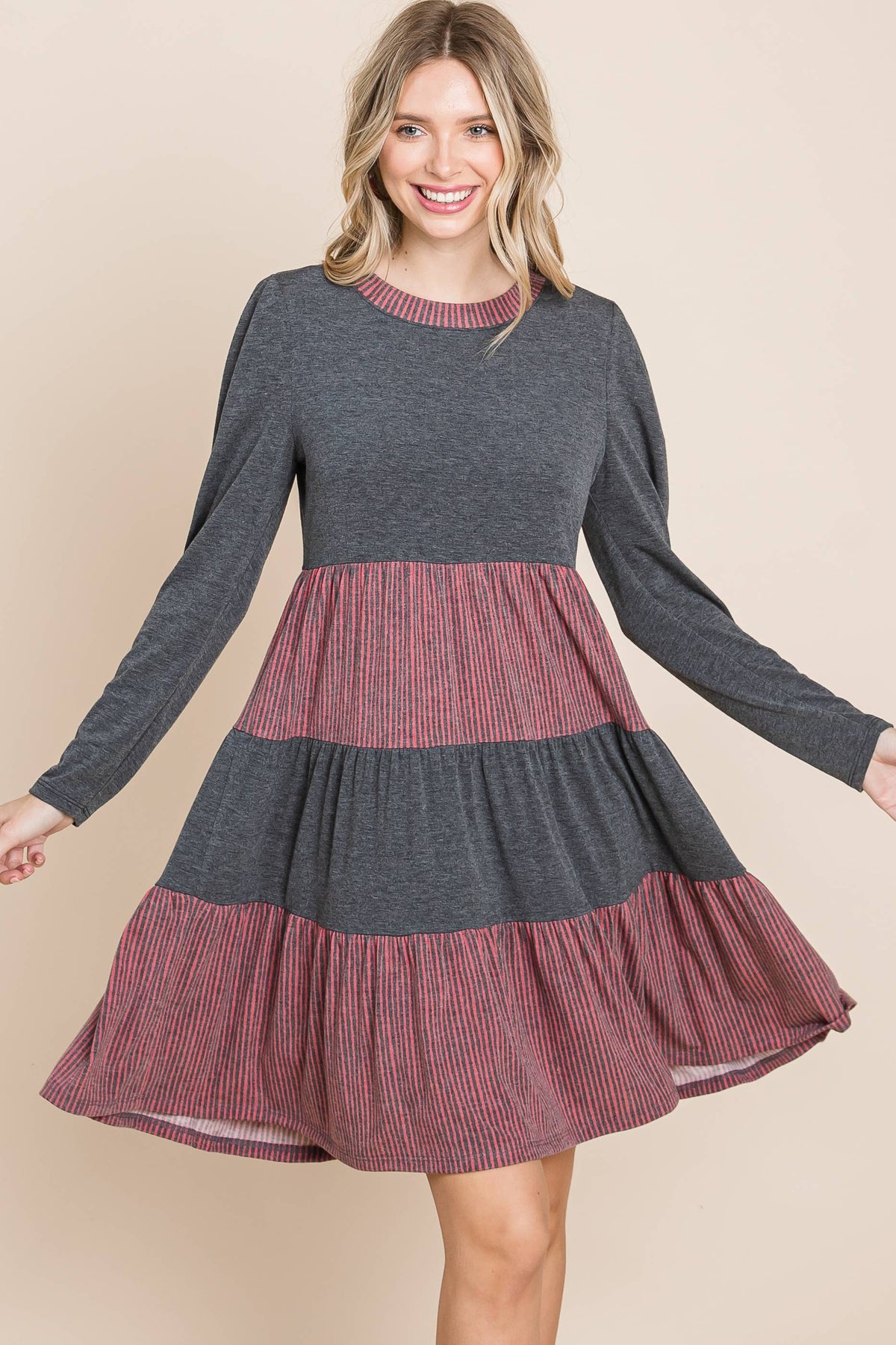Striped Tiered Knee Dress