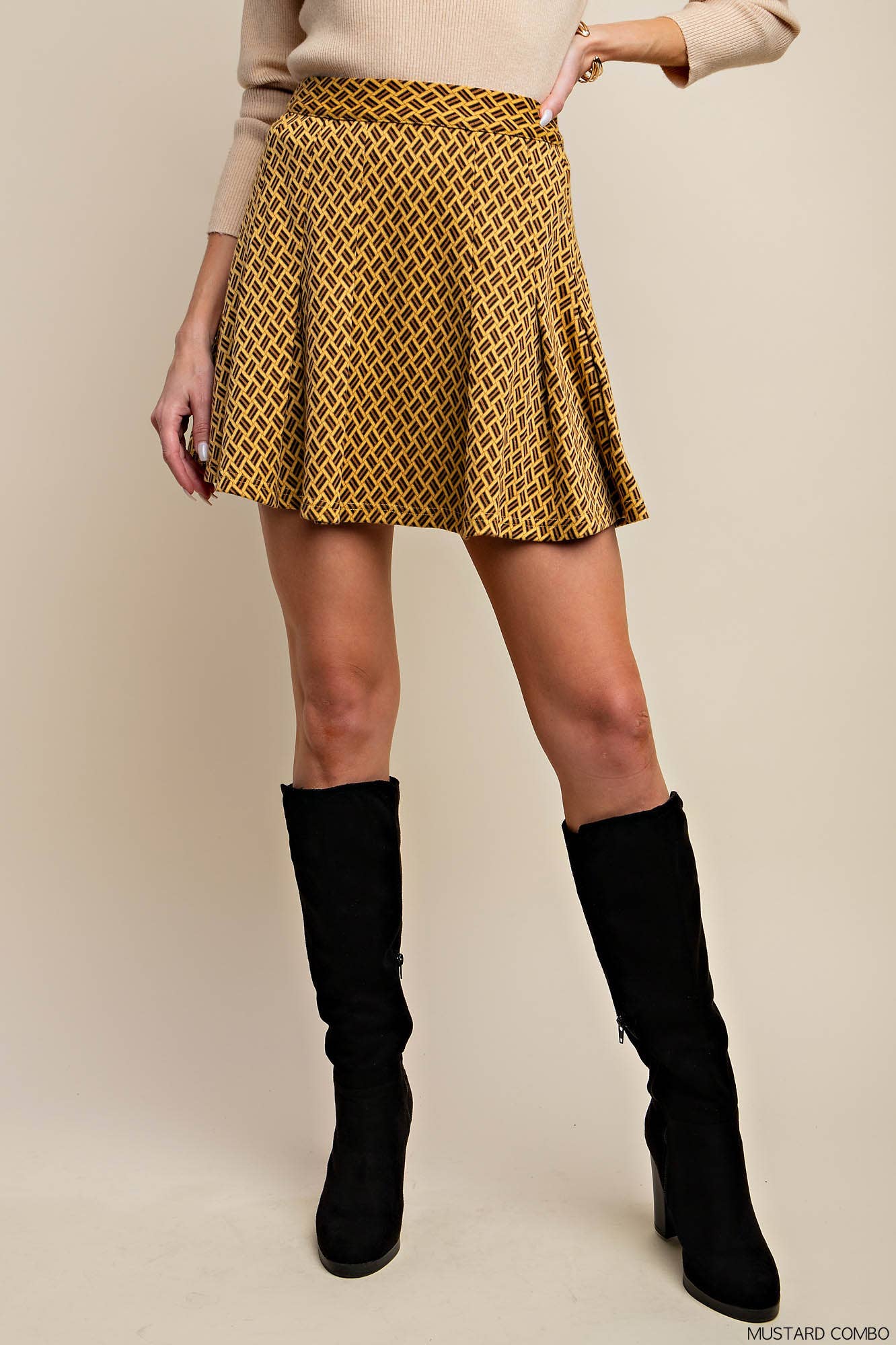 Mustard Knit Jacquard Pleated Mini Skirt